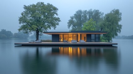 Modern floating house on a serene lake at dawn