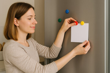 Woman placing magnet on refrigerator.