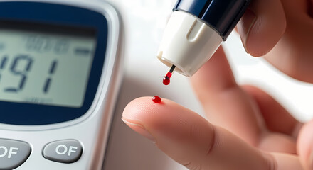 A person with diabetes performs a blood glucose test using a lancing device and glucometer for health monitoring