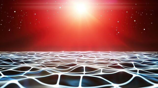 Glowing Grid Abstract Digital Landscape with Red Background