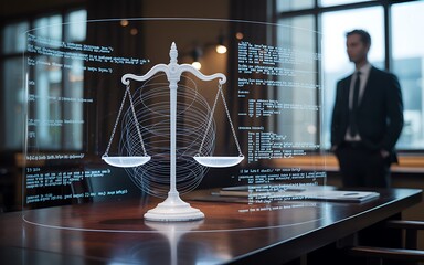 Scales of justice with futuristic data overlay and lawyer in background