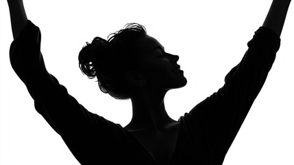 Silhouette of a woman with arms raised against a bright white background