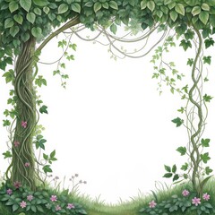 Fototapeta premium Enchanted Forest Frame Lush Vines, Green Leaves, Botanical Illustration, White Background, Nature Border Nature border, Botanical illustration
