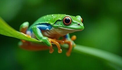 Fototapeta premium Vibrant Red-Eyed Tree Frog on Lush Green Leaf