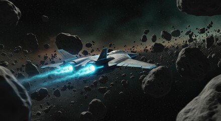Futuristic Spaceship Navigating Asteroid Field: Cyan Engine Glows, Dramatic Lighting