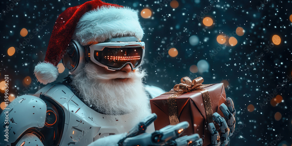 Poster a futuristic android santa claus holds a gift box. the robot features a red and white design with a 