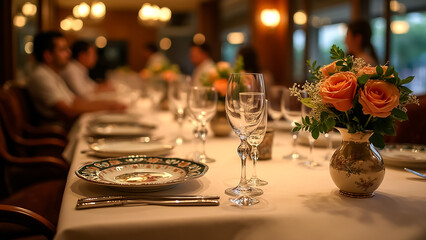 Elegant dining setup featuring floral arrangement in a cozy restaurant during evening hours