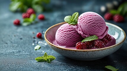 Two scoops of vibrant purple ice cream, drizzled with raspberry sauce, garnished with fresh mint leaves and raspberries, presented on a shallow bowl
