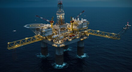 Offshore Oil Platform in Deep Blue Ocean with Crane Equipment and Helipad