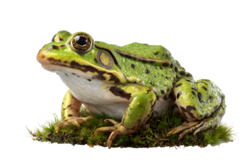 Green frog sitting on moss isolated on transparent background