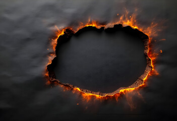 Fire burns through black paper, creating dramatic hole with glowing edges and intricate texture that captures attention in ambient light