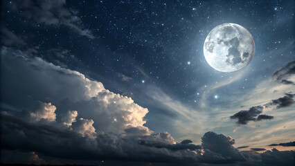 Cinematic night sky massive full moon dramatic clouds stars twinkling atmospheric landscape