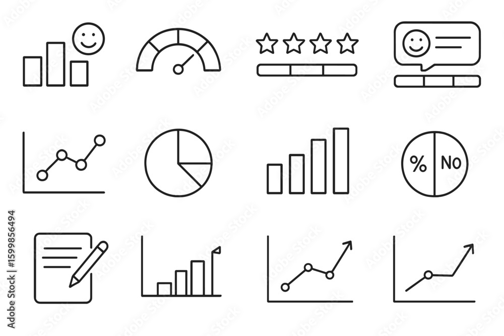 Poster graphs and icons representing data analysis and performance metrics