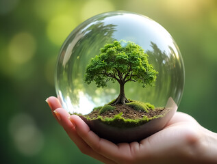 Building a sustainable future with a small tree in a globe held in hand surrounded by natural light