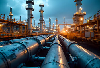 Industrial facility at dusk with pipelines and towering gas flares illuminating the skyline
