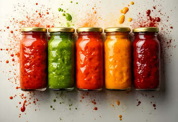 Colorful jars of sauces arranged artistically on a countertop with splashes of vibrant colors around them