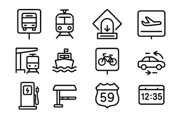 Transportation icons featuring bus, train, bike, car, ferry, airplane symbols