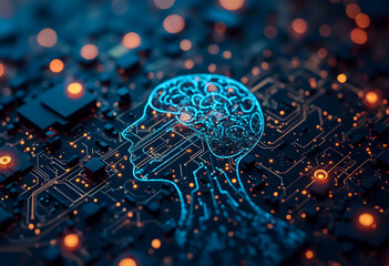 Exploration of artificial intelligence represented by glowing neural network patterns on a circuit board