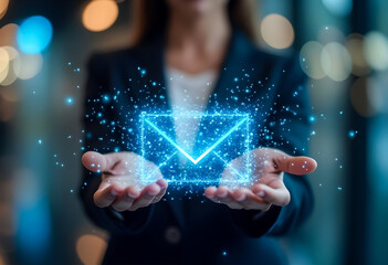 Digital envelope glowing in hands symbolizes communication and technology innovation at a modern office setting
