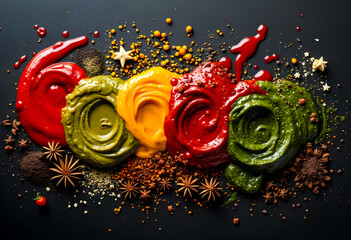 Colorful arrangement of vibrant sauces and spices on a dark surface showcases culinary creativity and flavor combinations