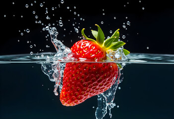 Fresh strawberry splashes into clear water creating dynamic bubbles and ripples in a vibrant display