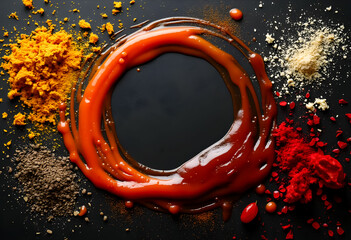 Colorful arrangement of spices and sauces on a black background showcases a culinary art composition in a modern kitchen setting