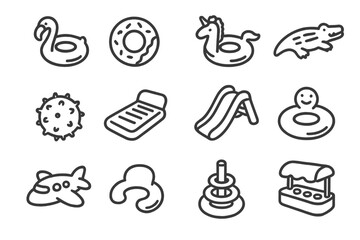 Assorted pool toys and accessories set on dark background