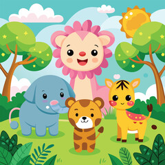Cute cartoon baby animals vector set in the jungle with elephant, lion, dog, cat, and giraffe characters