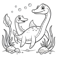 A cute vector cartoon drawing of a funny turtle, a beloved animal, in nature, surrounded by lake birds and fish