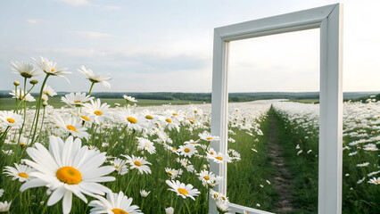 Close-up, scenic frame view, field of white daisy flowers, blurry background