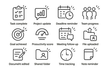 Task management icons: deadlines, reminders, team, goals, productivity