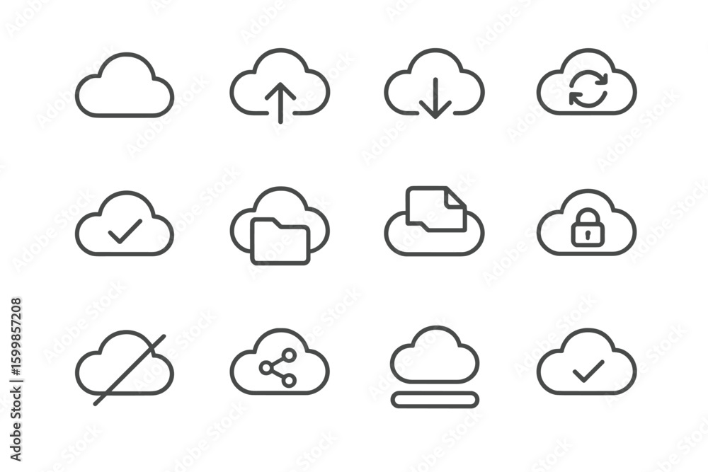 Poster cloud computing interface icons showing upload, download, sync, security features