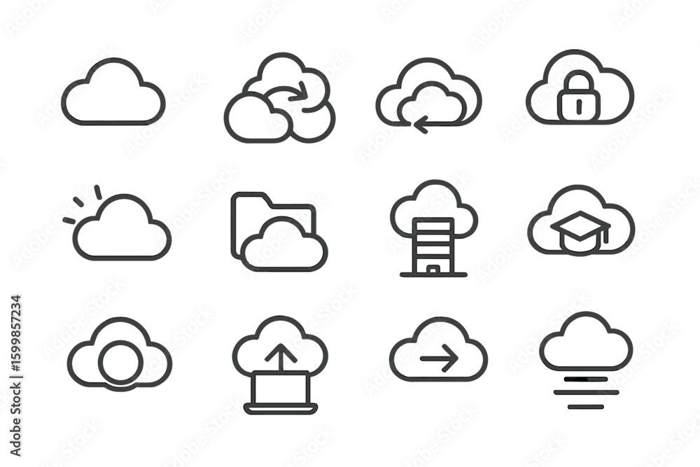 Poster cloud computing icons on black background with various cloud symbols