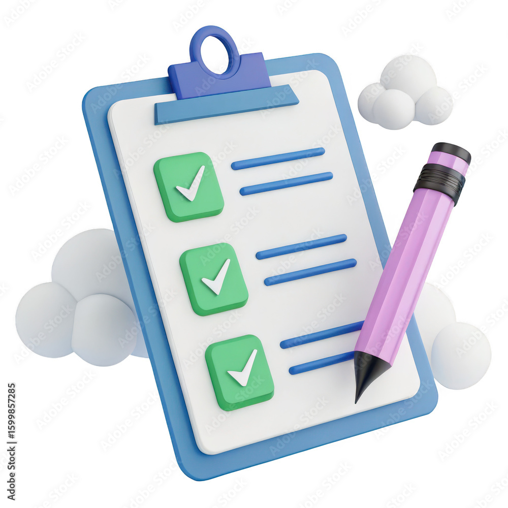 Poster 3d checklist clipboard with pen and checkmarks isolated on transparent background