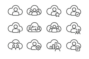 Obraz premium Cloud computing icons: user profiles, analytics, and team collaboration