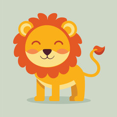 Happy cute baby lion cartoon character with a furry mane smiles, a fun wild animal illustration isolated on white
