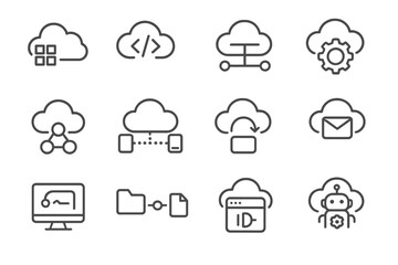 Obraz premium Cloud computing icons: technology, network, storage, ai, synchronization