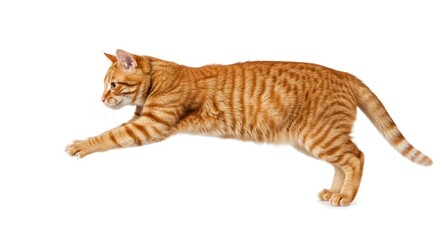 Orange Tabby Cat Stretching on White Background