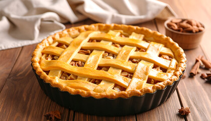 Apple Pie with Autumn Baking, and Wooden Table.