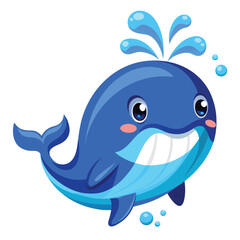 A cute cartoon mammal, like a dolphin or whale, swims with a friendly smile in the big blue ocean, making for a fun aquatic illustration