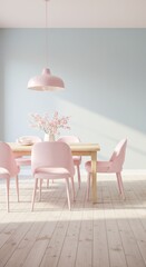 Pastel Pink Dining Chairs and Light Wooden Table in Bright Modern Kitchen