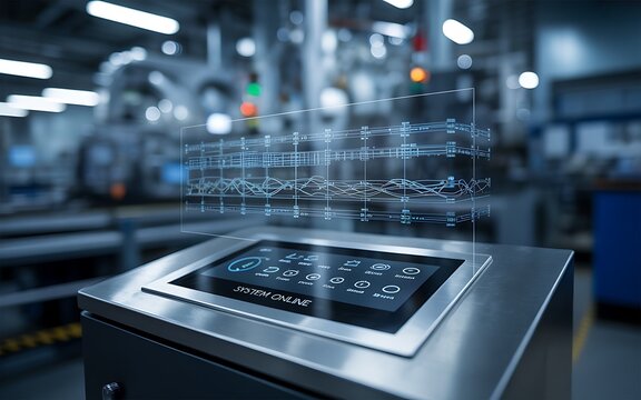 Futuristic holographic interface displaying data over industrial control panel - Powered by Adobe