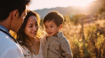 Doctor is holding a child in a field