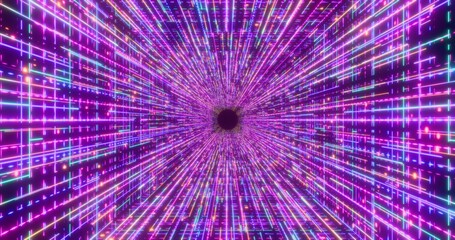 Futuristic glowing neon waving rays background. Shining geometric pink lines and grid inside corridor in perspective. Bright retro digital cyberspace. 3D rendering.