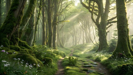 Dense mossy forest, lush green foliage, winding path, magical enchanted atmosphere, sunbeams filtering through trees