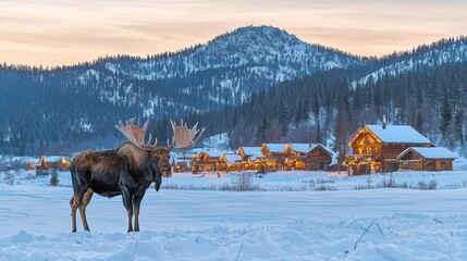 Majestic Moose in Winter Wonderland: A Serene Mountain Lodge Scene