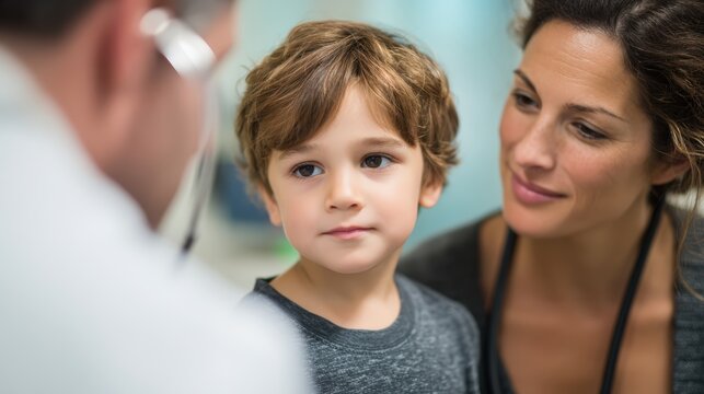 Young boy is sitting in a doctor's office with his mother and a doctor - Powered by Adobe