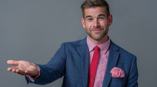 A man in a blue suit and red tie is smiling and holding his hand out. Concept of confidence and professionalism