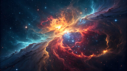 Cosmic nebula, swirling clouds of gas and dust, vibrant colors of orange, red, and blue, dynamic celestial landscape, dramatic galactic scene