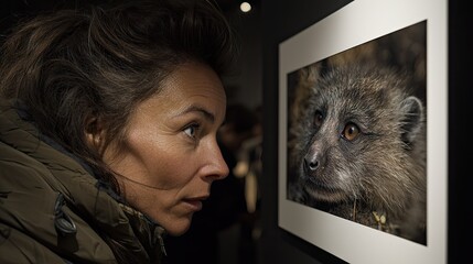 Woman Observing a Wildlife Photograph in an Art Exhibition Setting